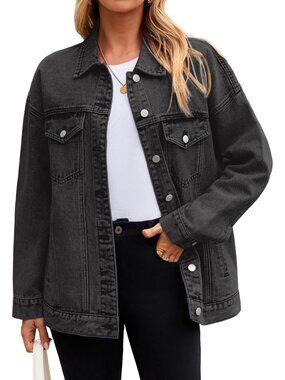 Women's Black Denim Jacket Oversized Button Down Fall Jean Long Sleeve Jacket